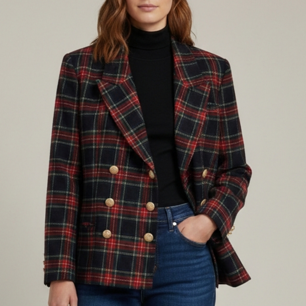 Pendleton Vintage Women's Wool Blazer Size 12P Red Green Blue Tartan Plaid